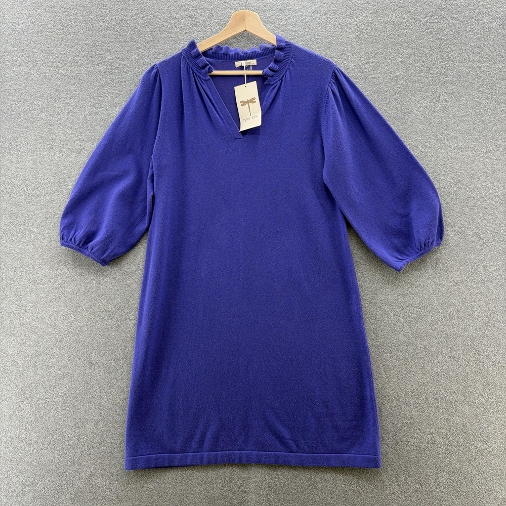 Tyler Böe Sweater Dress Small Purple V Neck Ruffle Balloon Sleeve Relaxed Shift